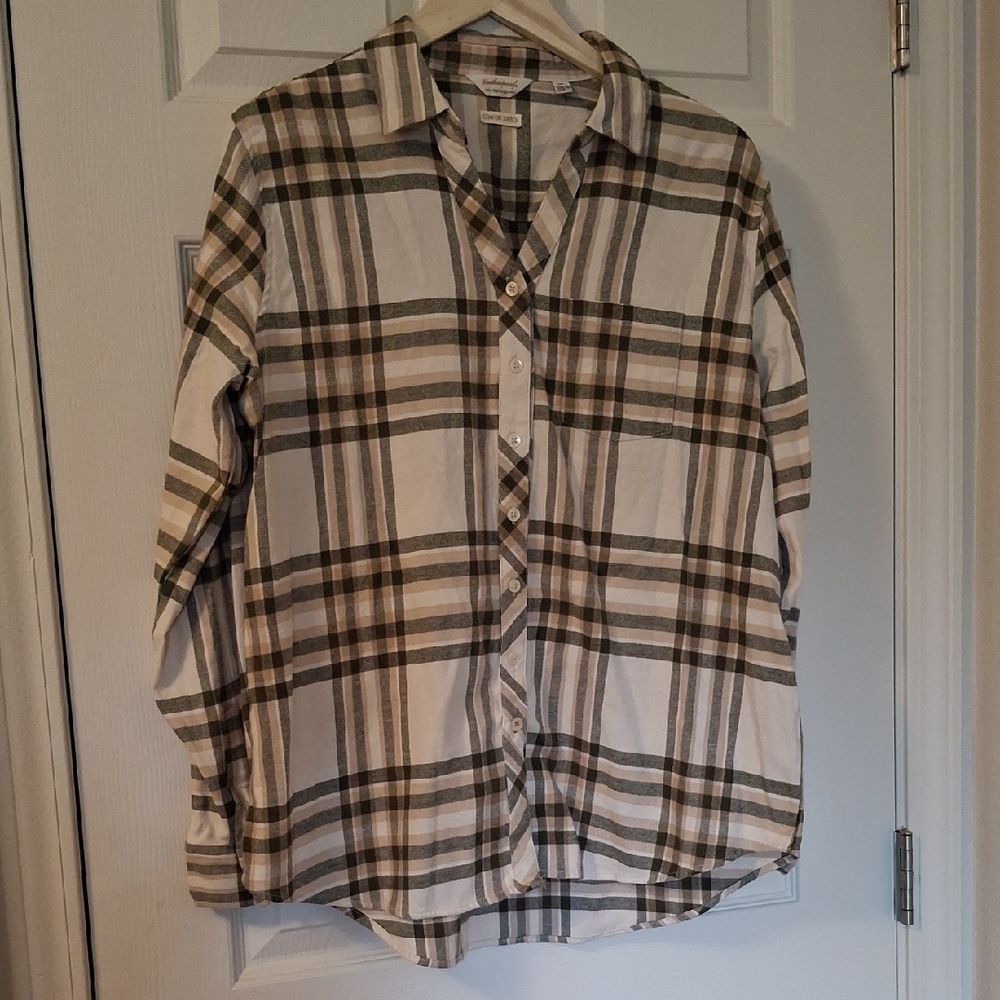 Weatherproof Vintage Comfort Stretch Plaid Shirt in Olive and Beige